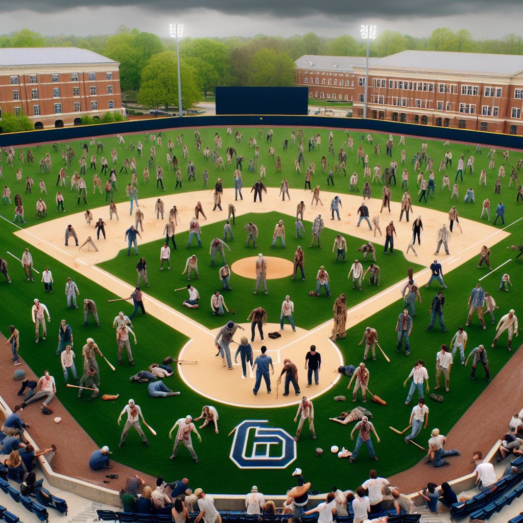 A horde of zombies overwhelming a baseball field. 