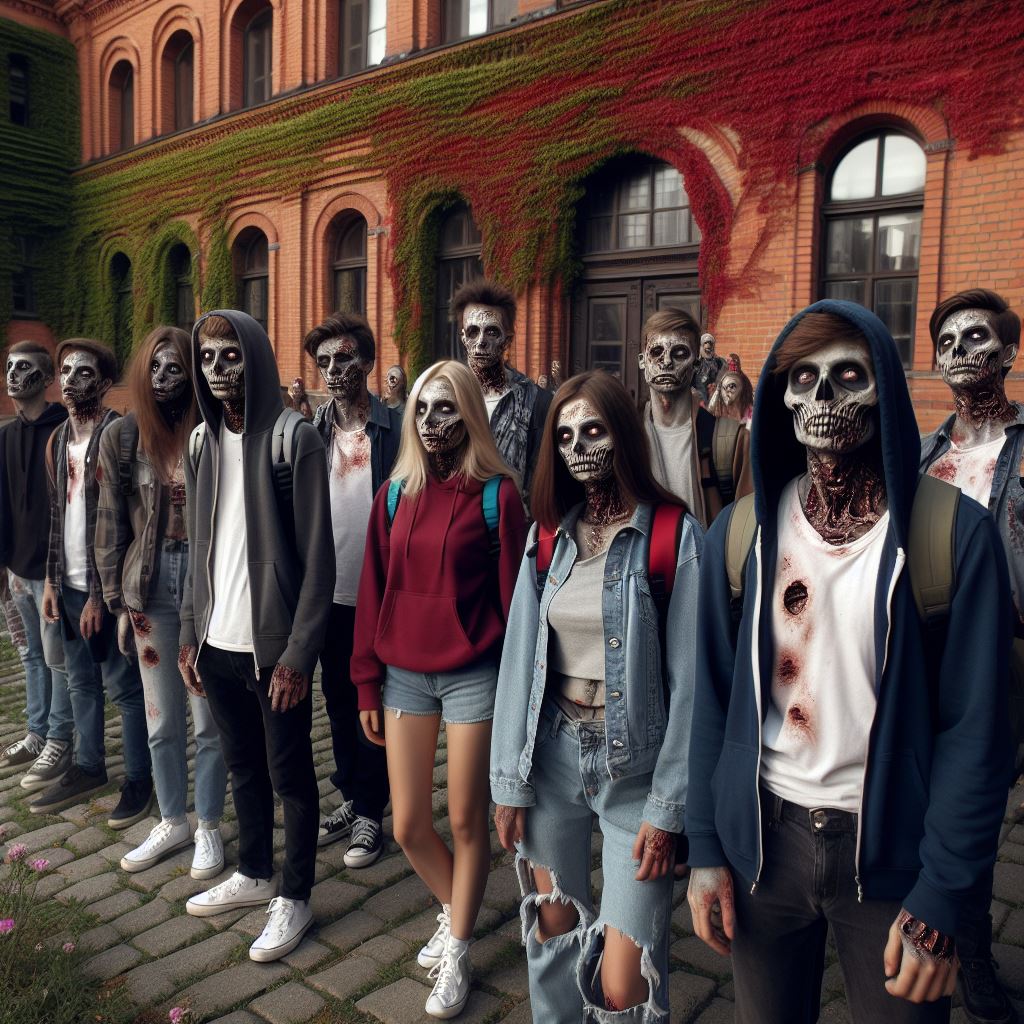 A group of college kids after being turned into zombies