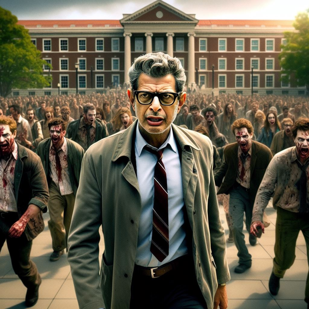 Man in a suit with a building and zombie behind him