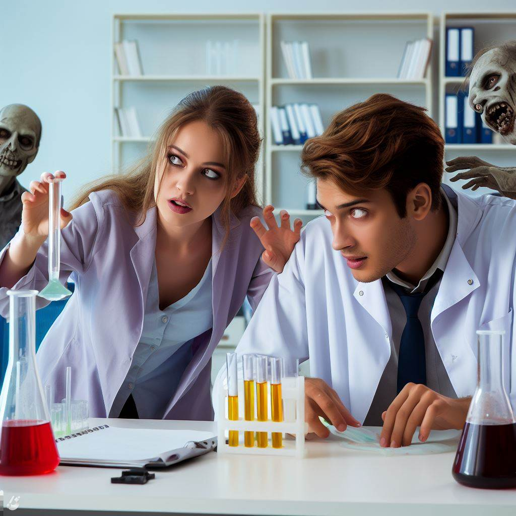 A student and a female professor creating a cure for zombism in a university laboratory