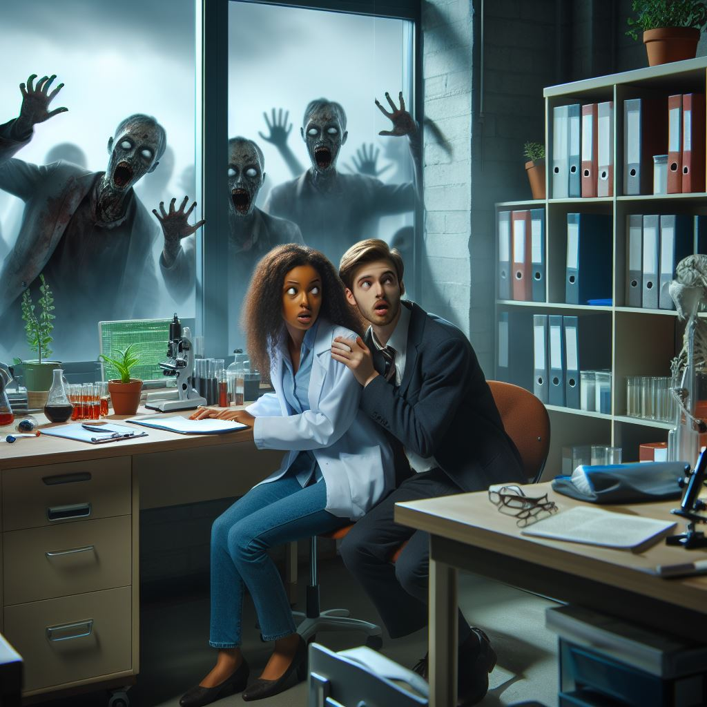 A student and a female professor hiding from zombies in a university laboratory with a window with zombies trying to break in