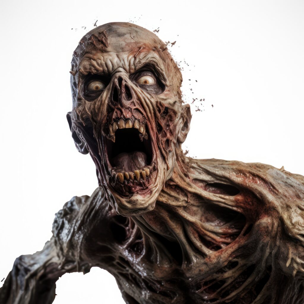 Image of a rotting snarling zombie looking right at the camera. His skin is a mix of grey and dried blood.