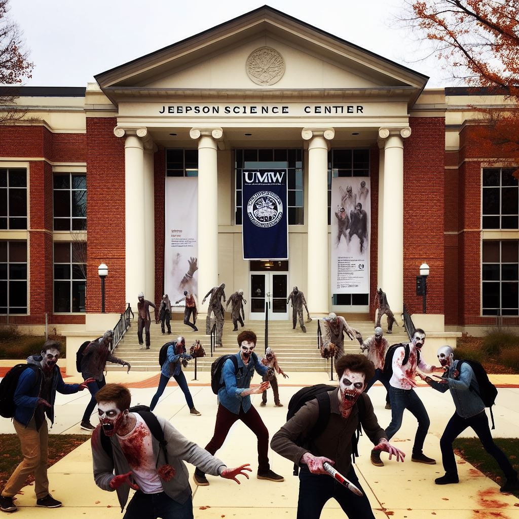zombies gathered in front of the Jepson science center. there is a umw sign hanging in front on the center. 